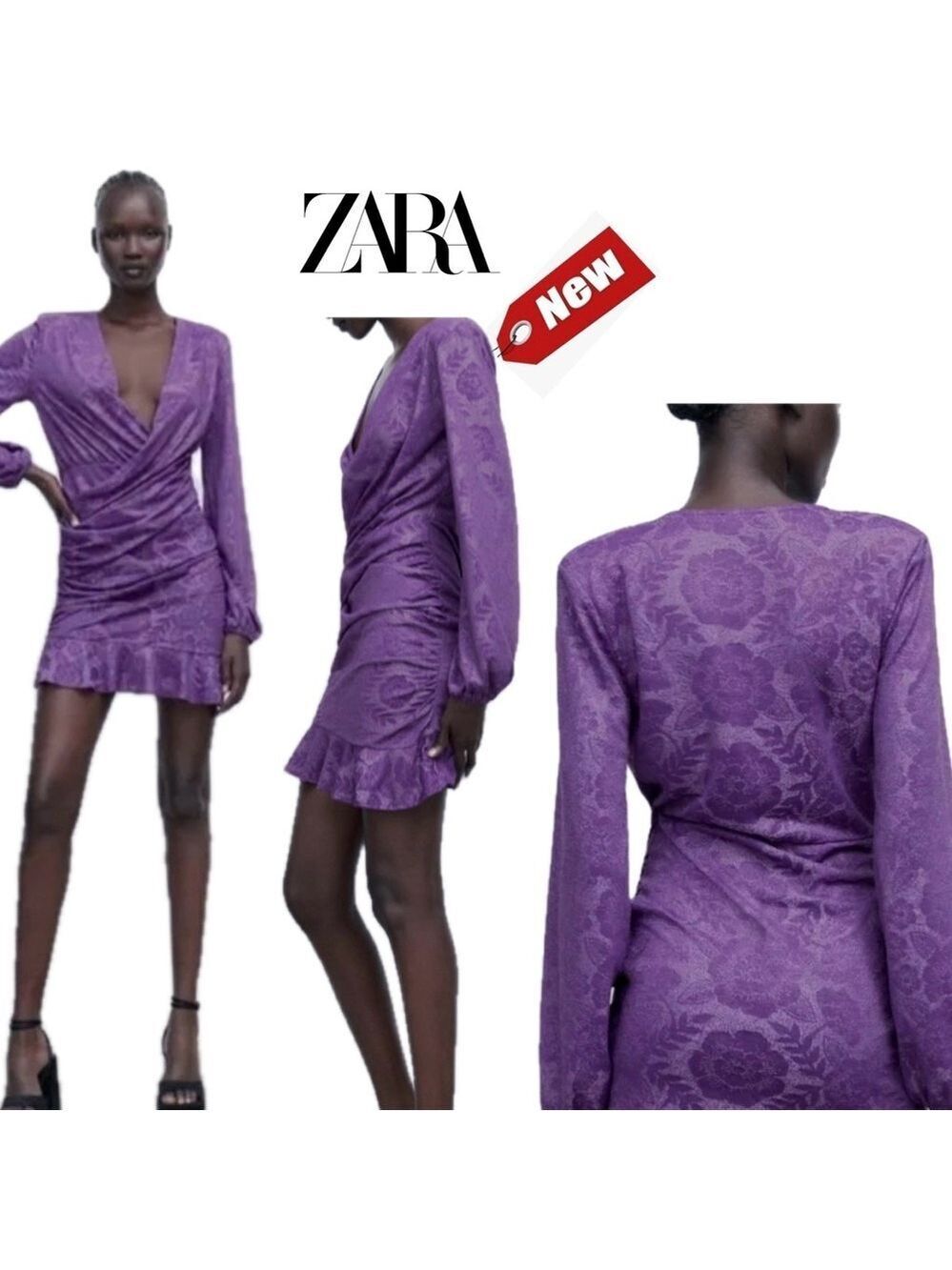 Zara purple jacquard ruffle frill draped ruched long sleeve wrap dress NWT
